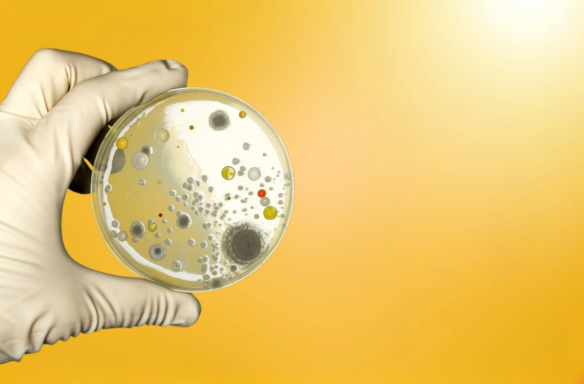 Ein Laborant hält eine Abklatschprobe von einer schimmeligen Wand in der Hand