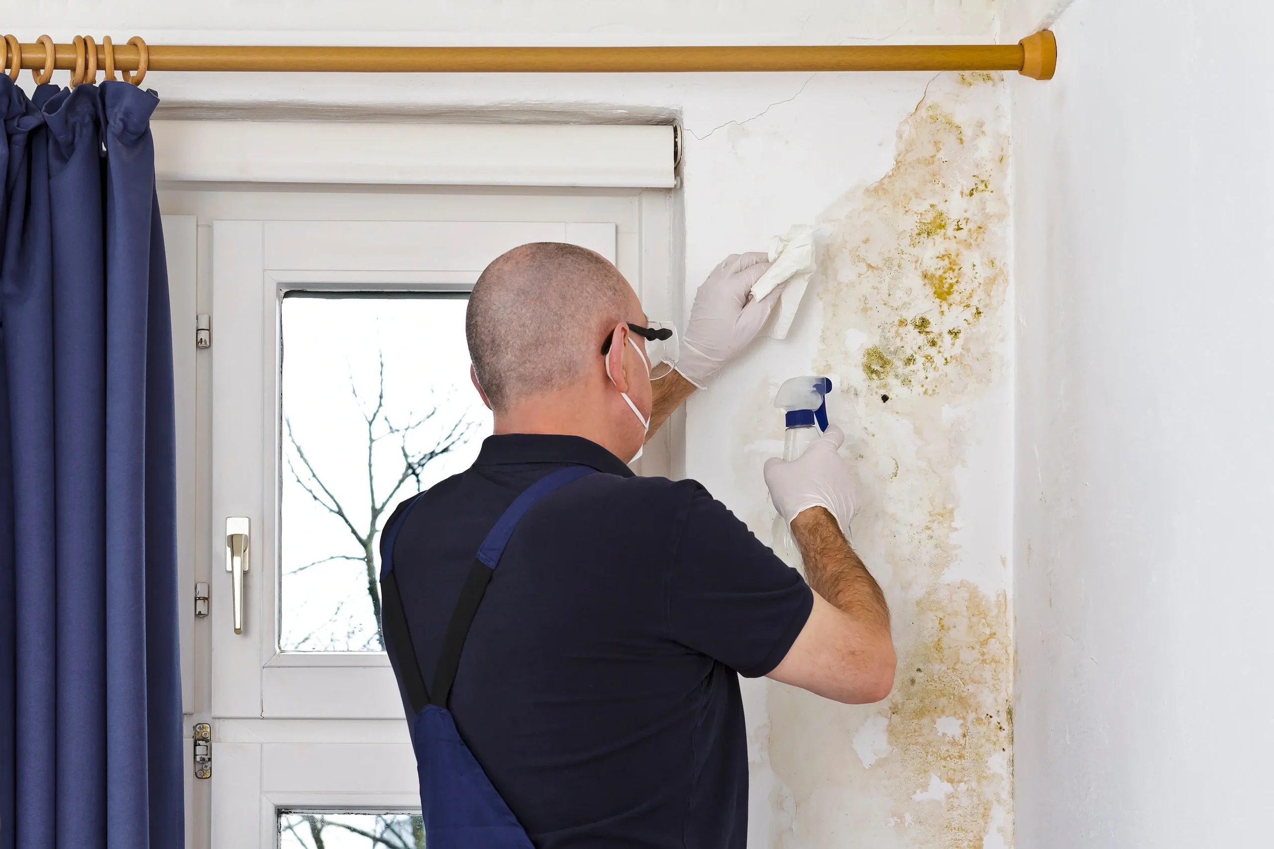 Ein Fachmann entfernt Stockflecken professionell Ein Fachmann kümmert sich um die Stockflecken an der Wand - hat dazu das hochwirksame Desinfektionsmittel ANOSAN und etwas zu wegwischen in der Hand