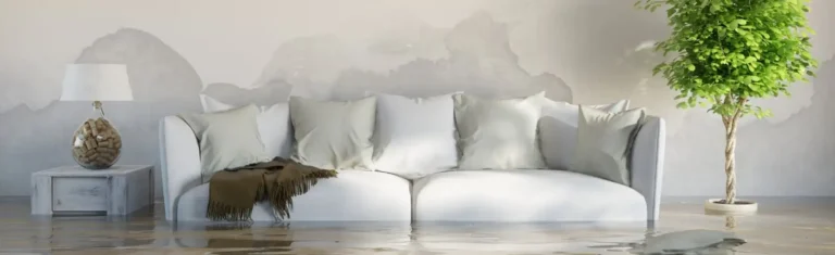Ein Wohnzimmer steht unter Wasser - Sinnbildlich für Feuchtigkeit und Schimmel unterm Sofa