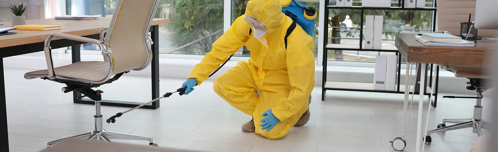 Ein professioneller Schimmelbekämpfer sprüht eine Lösung gegen Schimmel unter einen Schreibtisch