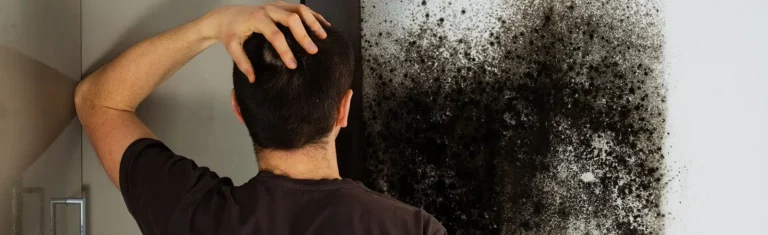 Ein Mann greift sich vor Entsetzen an den Kopf, er entdeckte hinterm Schrank extremen Schimmelbefall