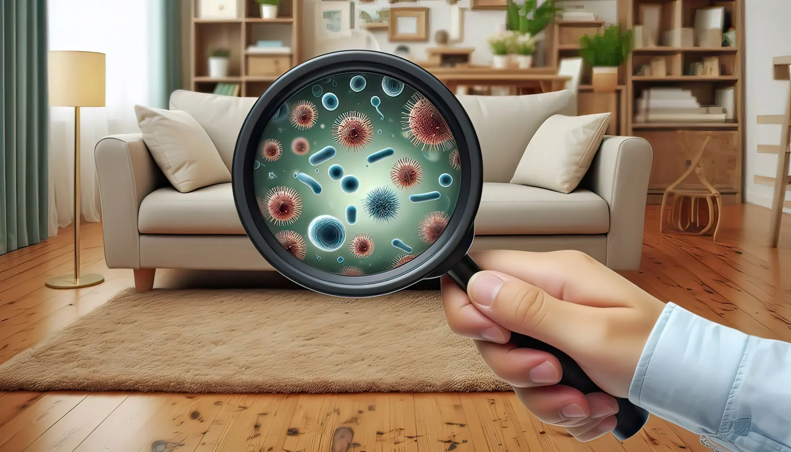 Schimmel an Möbeln entfernen – Wie ANOSAN® effektiv hilft Ein Mann richtet eine Lupe auf eine Couch. Bakterien und Schimmelsporen sind klar zu erkennen.