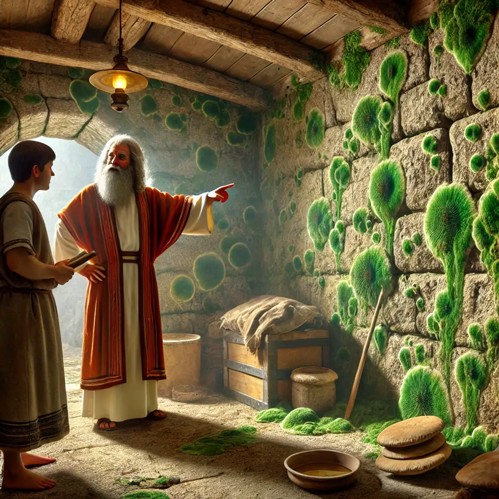 Bildhafte Darstellung von Lutherbibel 2017, Levitikus 14:34-35 - Anzeige von besorgniserregendem Aussatz