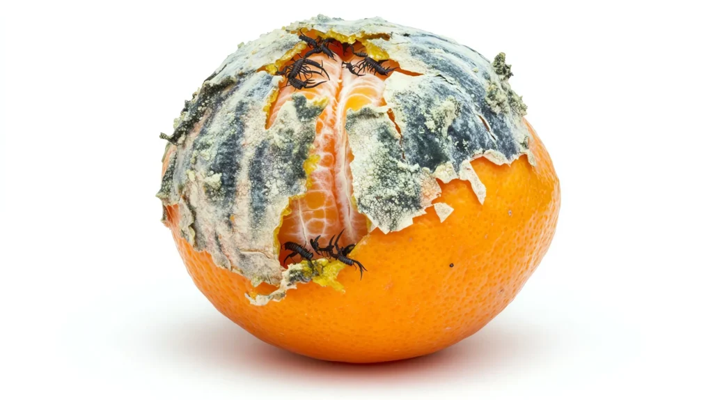 Eine Orange, die äußerlich an der Schale schimmelt, aber innen noch frisch und genießbar ist