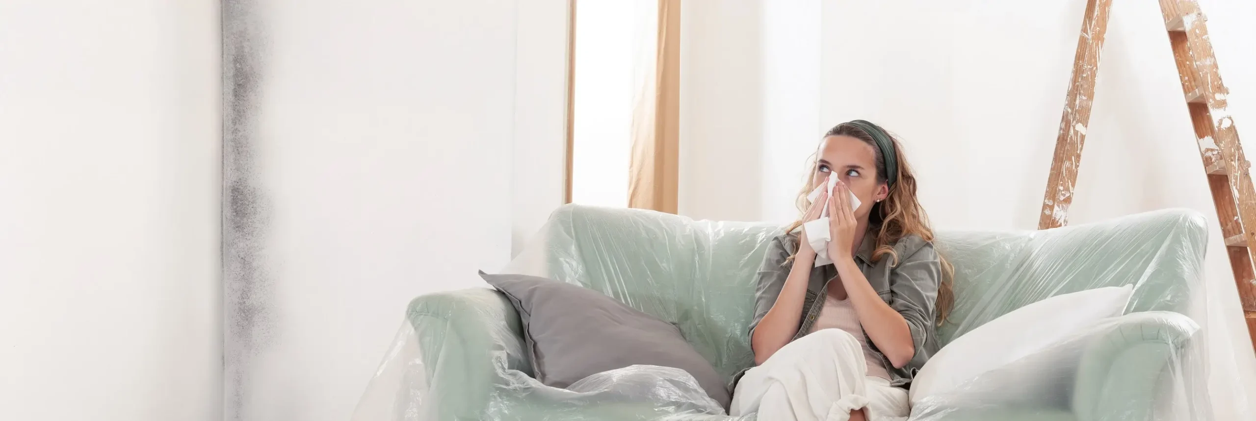 Eine Frau sitzt auf der Couch und putzt sich die vom Schimmelgeruch gereizte Nase. Die Sanierungsarbeiten laufen im Hintegrund.