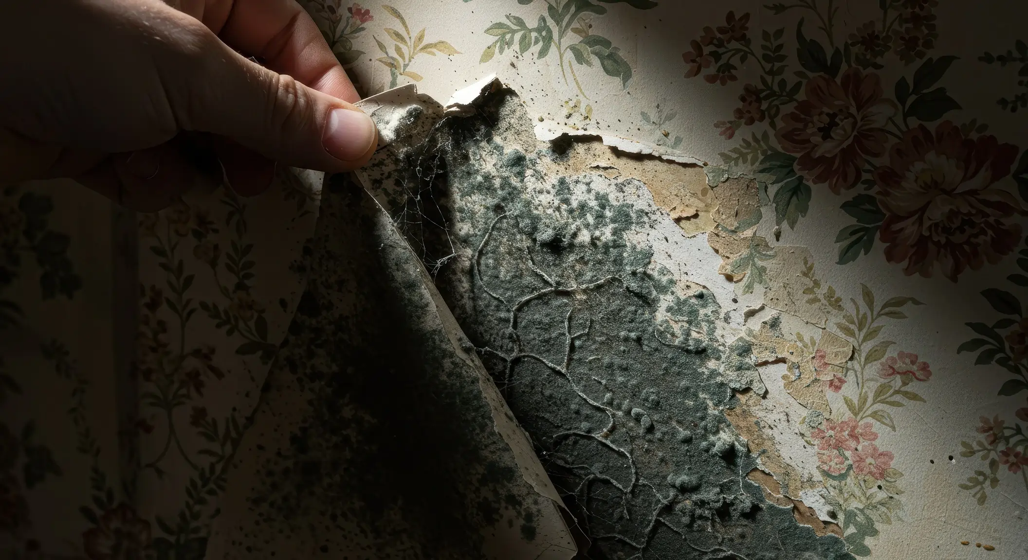 Eine Hand, die Tapete von der Wand abzieht - darunter ist starker Schimmelbefall zu sehen