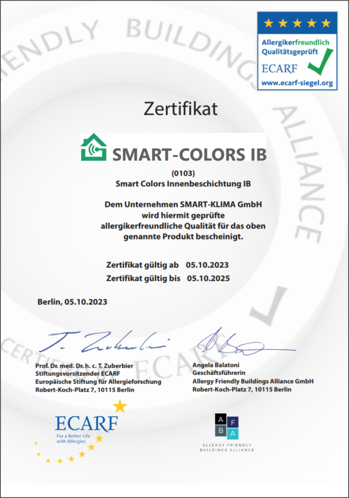 Zertifikat zur Allergikerfreundlichkeit der Innenraumbeschichtung SMART-COLORS IB