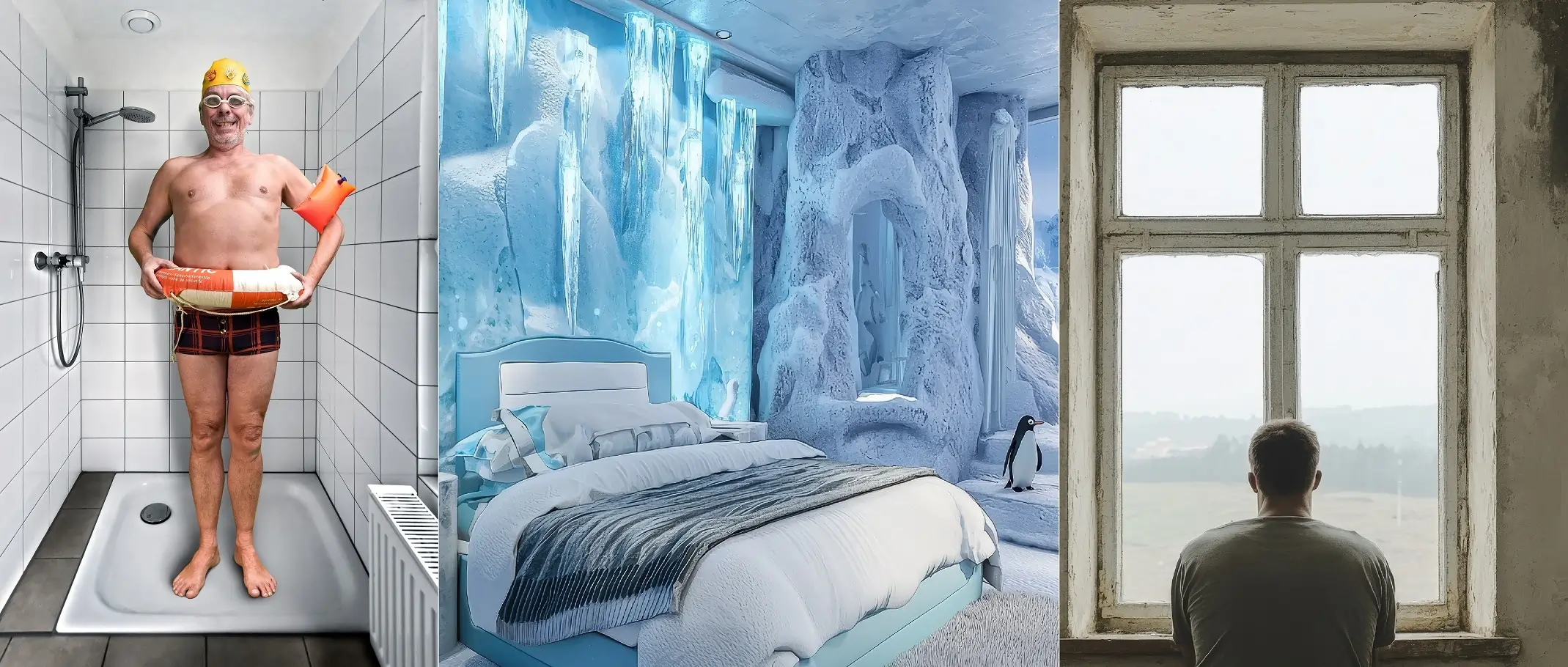 Fotocollage zeigt einen Warmduscher (wer duscht nicht gerne warm), ein eiskaltes Schlafzimmer und einen Lüftungsmuffel
