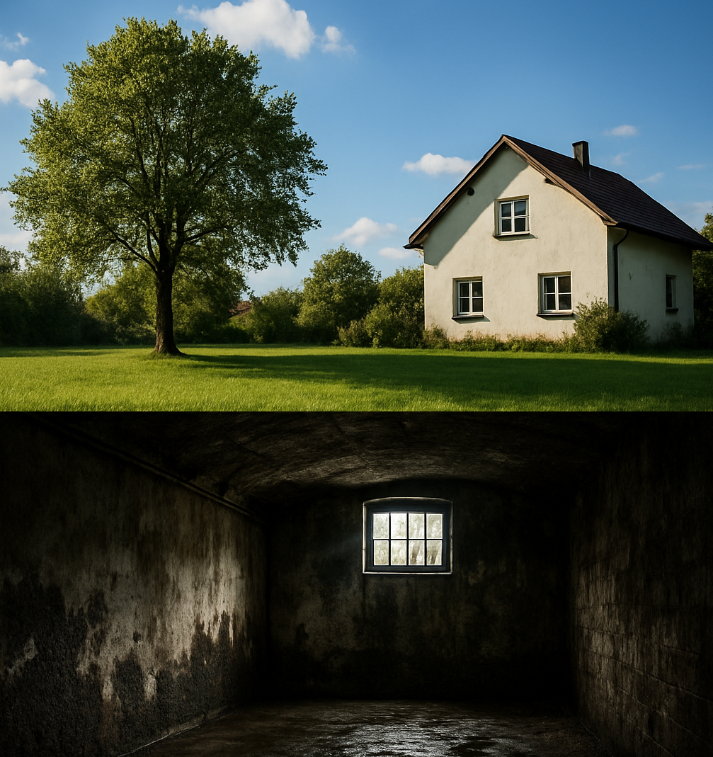 Kontrastbild: Oberhalb ein sonniger Sommertag mit Haus und Garten, darunter ein feuchter, dunkler Keller – Symbolbild für Sommerkondensation.
