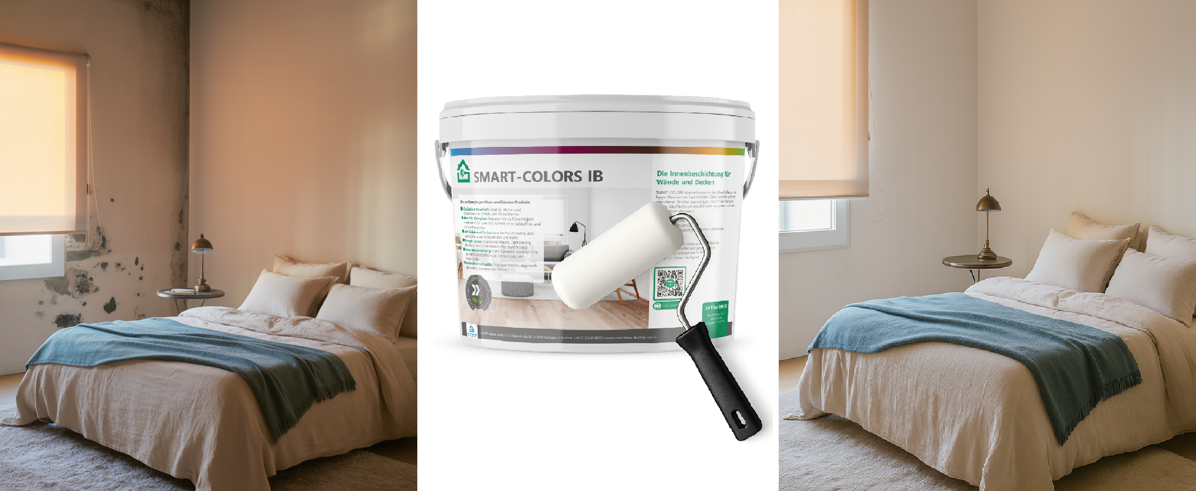 Vorher-Nachher-Bild Schlafzimmer und ein Eimer Antischimmelfarbe SMART-COLORS IB