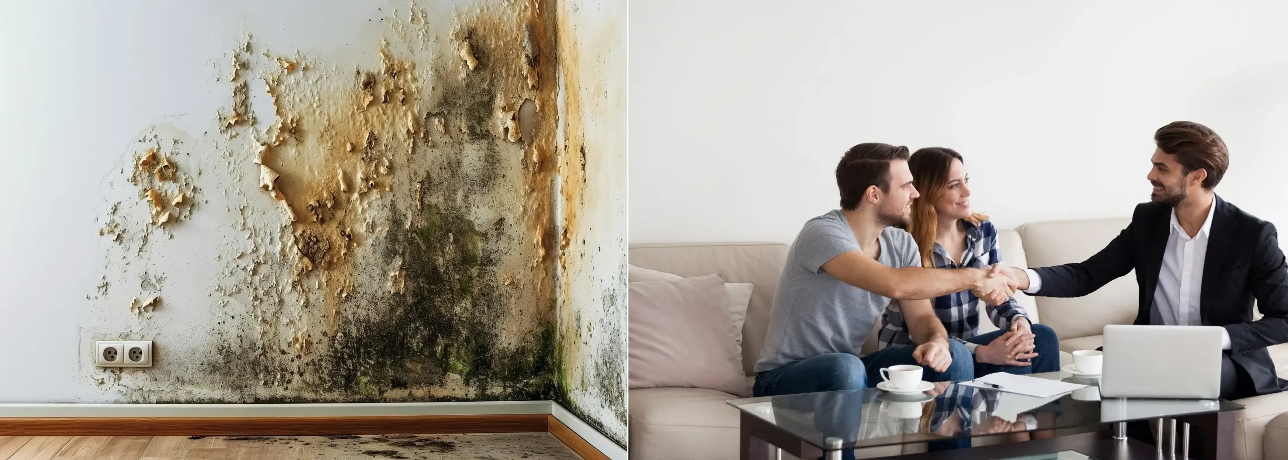 Fotokollage für den Blog "Gemeinsam gegen Schimmel": links im Bild eine stark verschimmelte Wohnungswand, rechts im Bild Mieter & Vermieter im offenen Austausch miteinander