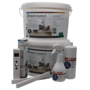 Anti-Schimmel-Komplettset mit Schimmelvernichter ANOSAN SP, Anti-Schimmelfarbe SMART-COLORS IB, KLIMAGRIFF Schimmelwächter und Fensterfalzlüftern – effektive Schimmelbeseitigung und Prävention.