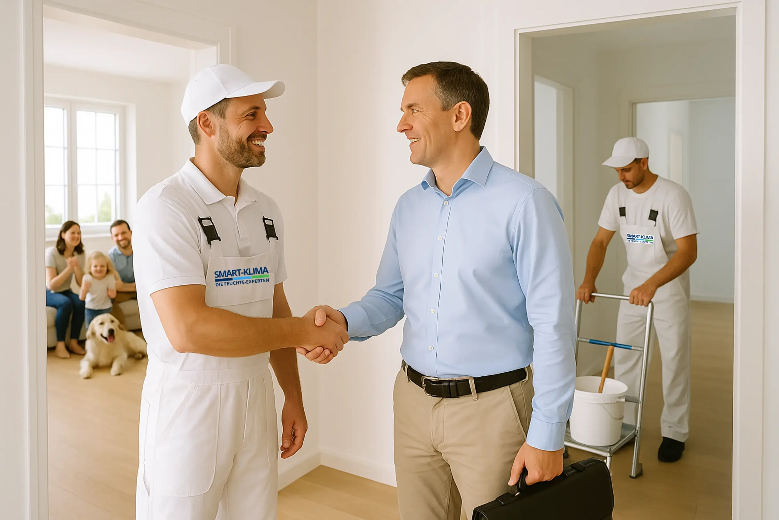 Ein Vermieter schüttelt einem Maler nach erfolgreicher Schimmelsanierung dankend die Hand