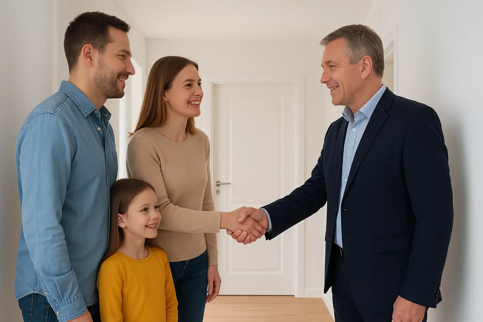 Eine glückliche Familie begrüßt den Vermieter - ein tolles Mieter-Vermieterverhältnis