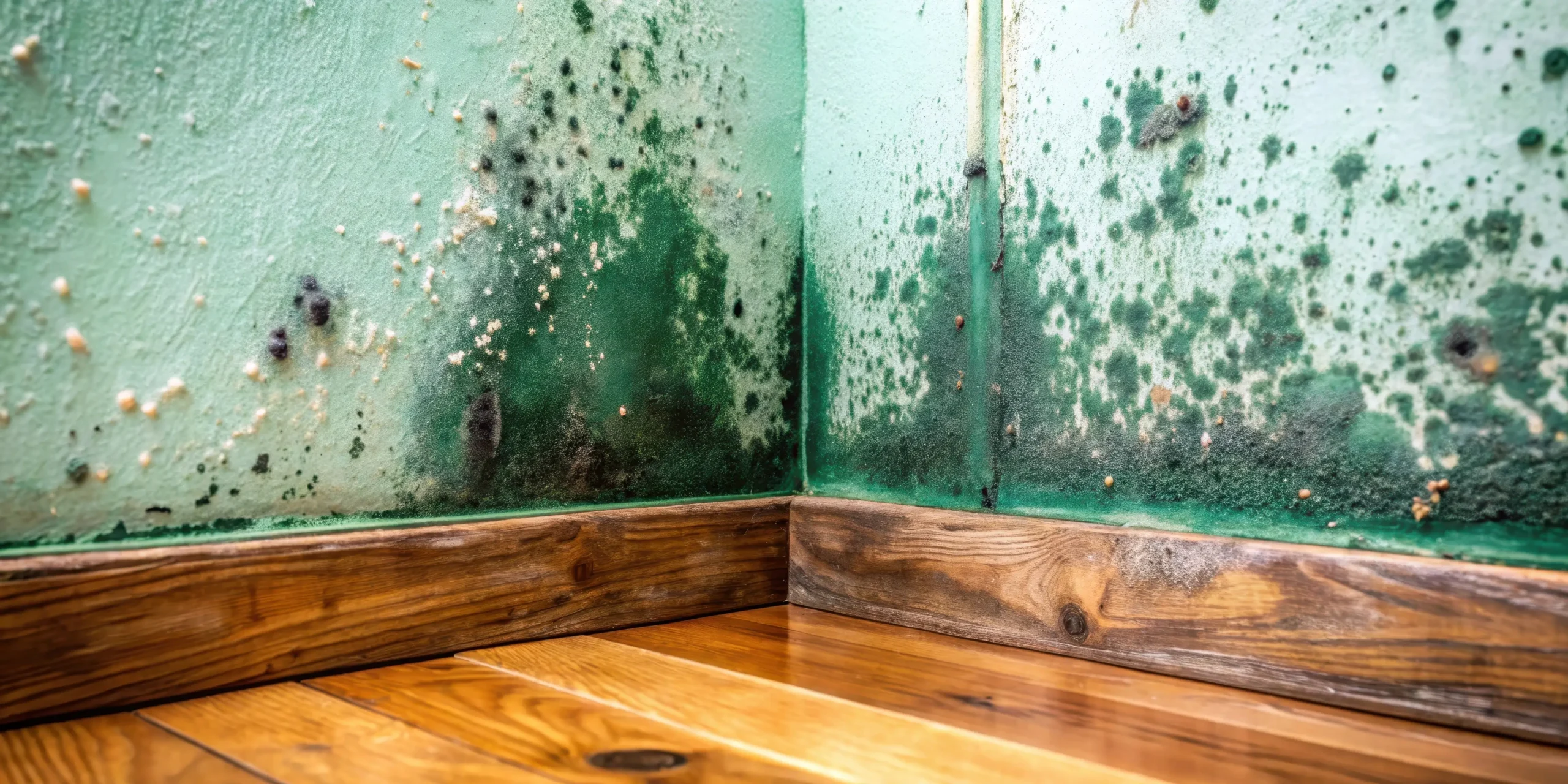 Schimmel erkennen und richtig bewerten In der Ecke einer Wohnung haben sich viele unansehnliche Schimmelarten ausgebreitet