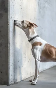 Ein Schimmelspürhund richtet seine Nase auf eine Wand