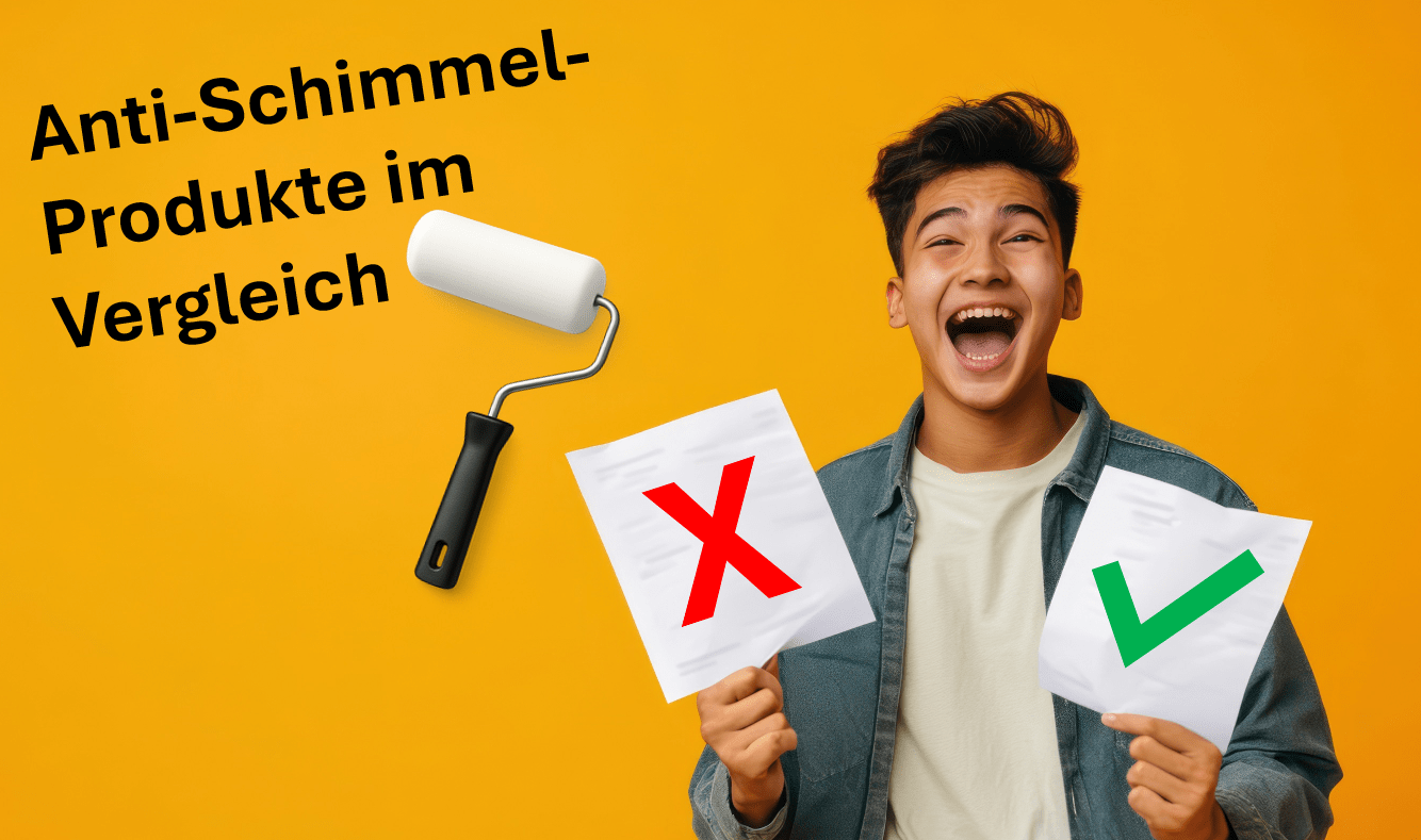 Auf dem Plakat votet ein Student positiv und negativ für Anti-Schimmel-Produkte