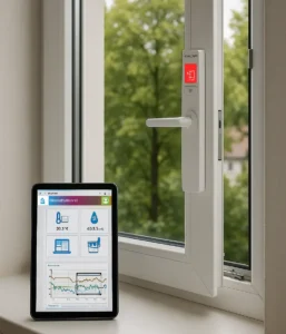 Der KLIMAGRIFF® ist am Fenster montiert. Ein Tablet zeigt die App, mit der der Datenlogger gesteuert wird.